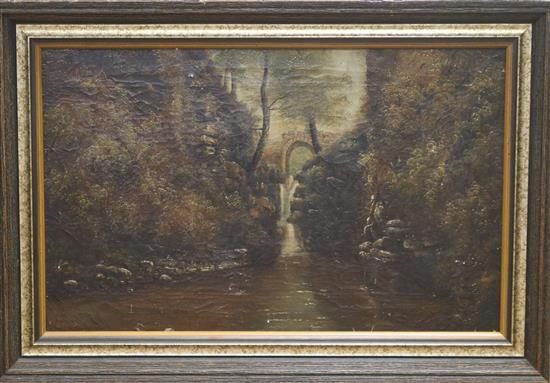 Albert Gilbert, oil on canvas, Clydach Falls, inscribed verso, 10 x 16in. and an oil riverscape by J. Lee, 14 x 20.5in.